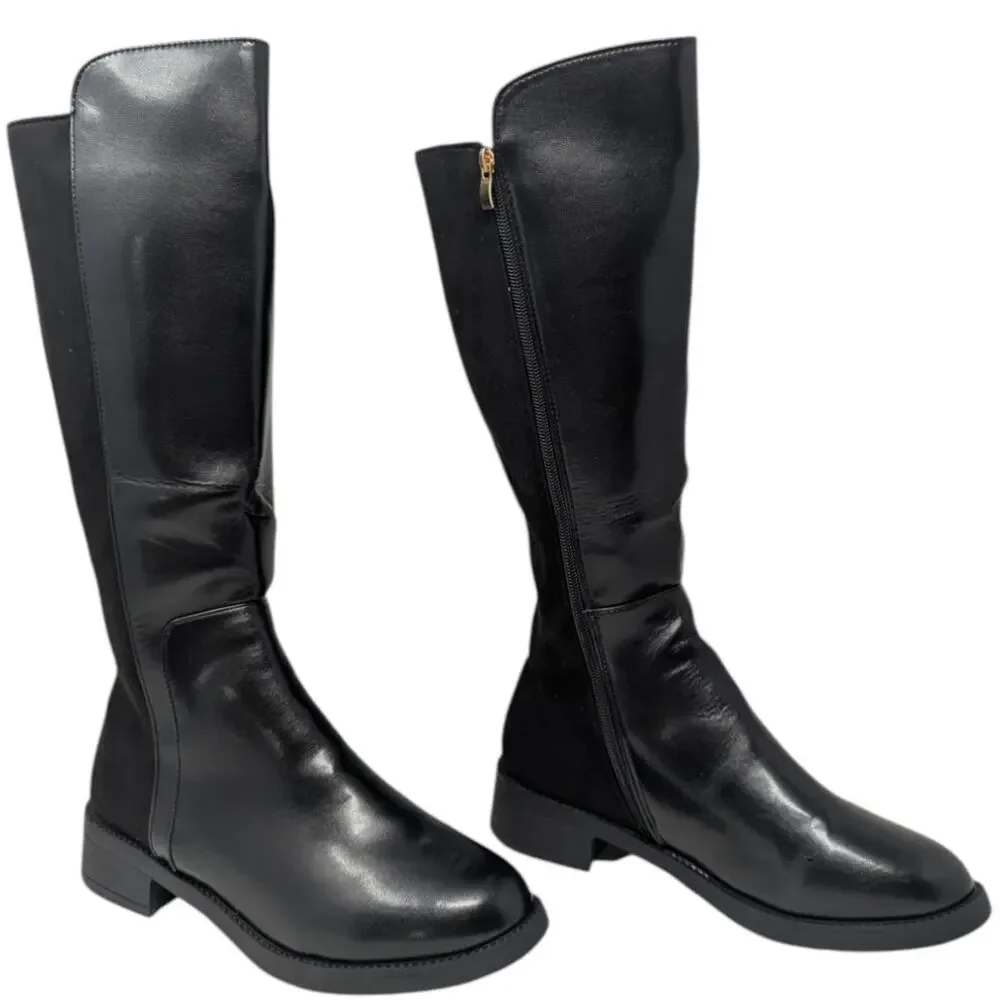 Black Vegan Leather Knee High Riding Boots Wide Calf Size 43 Zip Back Panel